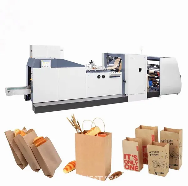 Macchina per la produzione di sacchetti di carta marrone Kraft per fast food con fondo piatto affilato completamente automatico ad alta velocità per biscotti con sandwich per alimenti con macchina per la produzione di manici